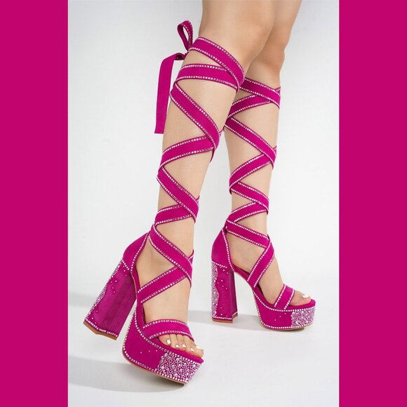 Extra Long Strap Rhinestone Platform Chunky Heel Shoes Hot Pink Fuchsia Rozie - Picture 5 of 9